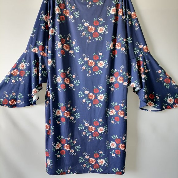 Haute Edition Womens Navy Blue Bell Sleeve Round Neck Floral Shift Dress Size 1X - Picture 3 of 10